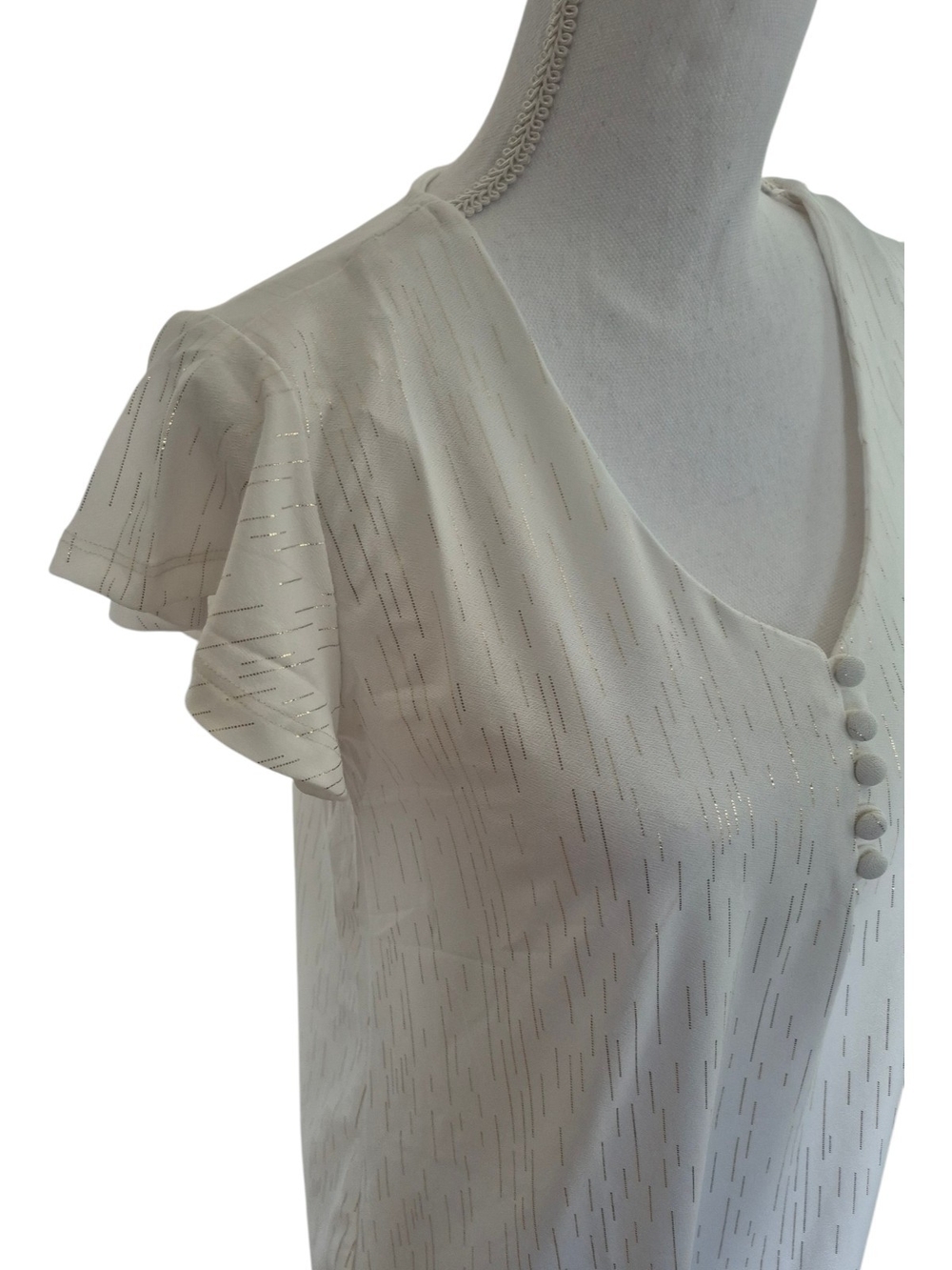 Light Cream V-Neck Flutter Sleeve Blouse with Button Detail - Picture 6 of 9